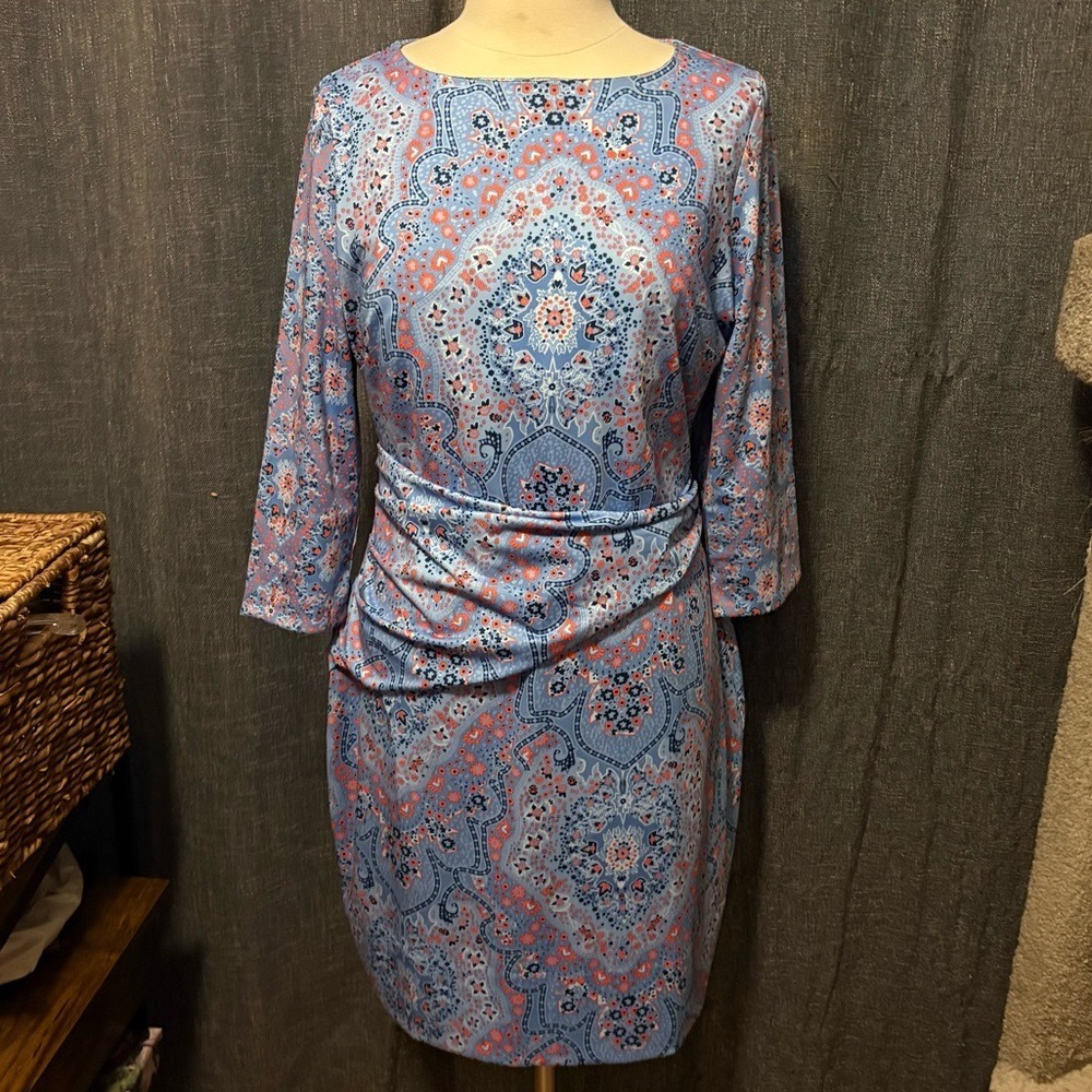 Gretchen Scott Blue Orange Paisley Midi‎ Jersey Ruched Sheath Dress (Large)
